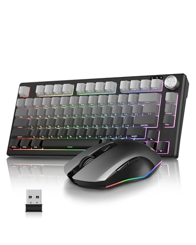 RedThunder K75 Wireless Membrane Keyboard & Mouse Combo,75% Side-Engraved Keycaps,Optical Gaming Mouse with 4800DPI,3 Modes(BT/2.4G/Wired),Dual System,RGB Backlit,Rechargeable Battery,Gradient Gray - color: Gray Gradient