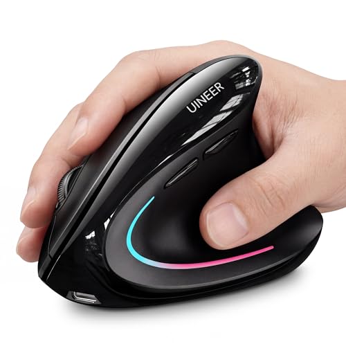 Uineer Vertical Ergonomic Mouse, Wireless Bluetooth Mouse, 3-Device | Switch among 3 devices via dual Bluetooth and 2.4G; rechargeable with 7-color ambient lighting.