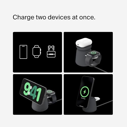Belkin Qi2 15W Wireless Charging Dock, 2 in 1 Fast iPhone Charger | iPhone 17/16/15/14/13, AirPods, Qi2-enabled devices compatible, power adapter included, desk dock - color: Black, style: Latest Gen