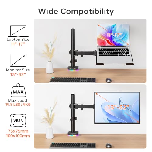 Afaloona RGB Convertible Laptop and Monitor Mount with USB Hub, Adjustable | RGB USB hub with 1 USB-C & 2 USB-A ports for charging and data transfer, fits 13-32" monitors or 11-17" laptops, up to 18 lb - size: RGB Laptop Stand
