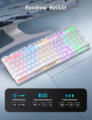 Wireless Mechanical Keyboard and Mouse Combo, 98-Key Gaming Keyboard with RGB Backlit, Tri-Mode BT5.0/2.4G/USB-C, 4000mAh Battery, 3200 DPI Gaming Mouse with Mouse Pad for PC, Laptop, Tablet(White) - color: White-