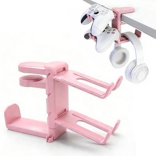 3-in-1 Gaming Headset Stand with Controller Holders Clamp-on Under Desk Rotating Headphone Hanger Adjustable PC Desk Headphone Holder with Cable Organizer - color: pink