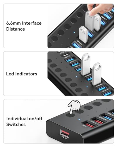AGEEN 16-Port Powered USB 3.2 Hub-10Gbps SuperSpeed Data Splitter with 2 USB-C & 11 USB-A Ports, 3 x 24W QC 3.0 Fast Charging Ports, Individual On/Off Switches, 96W Power Adapter for Laptop, PC