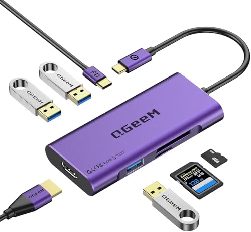 USB C Hub, QGeeM USB 4k to HDMI Adapter, 7 in 1 USB-C Dongle with 100W PD,USB 3.0, Card Reader, Compatible for MacBook iPhone 15/17 Ipad Pro max,Chromebook Laptop USB Type C Dock-Purple - color: Purple