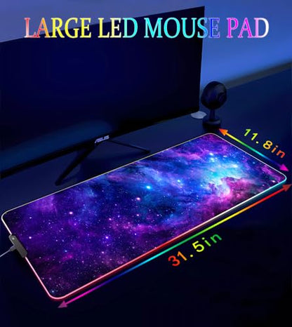 RGB Gaming Mouse Pad, Large Mousepad with Led Light, Gaming Accessories Keyboard Pad for Desk, Non-Slip Rubber Base Big Mouse Mat for Gamer, 31.5 X 11.8 Inch, Purple Galaxy - color: 07 Purple Galaxy
