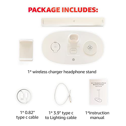 4 in 1 Wireless Charger with Headphone Stand for iPhone 17 16 15 14 13 12 Pro Max, Apple Watch 11 10 Ultra SE, AirPods Max 4 & Samsung S25-15W Gaming Desk Organizer (Adapter Not Included)(White)