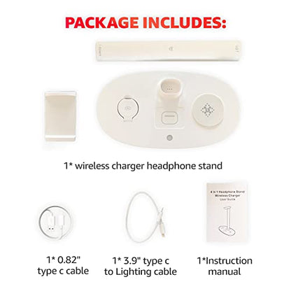 4 in 1 Wireless Charger with Headphone Stand for iPhone 17 16 15 14 13 12 Pro Max, Apple Watch 11 10 Ultra SE, AirPods Max 4 & Samsung S25-15W Gaming Desk Organizer (Adapter Not Included)(White)