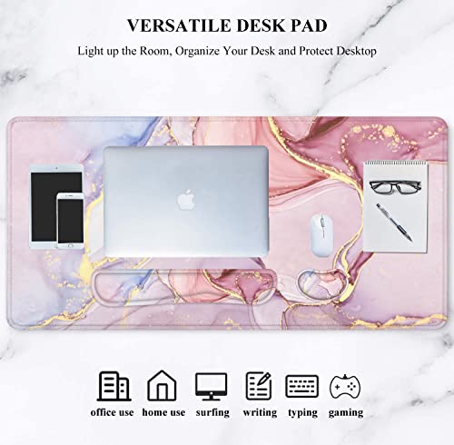 Large Mouse Pad with Wrist Rest, 4-in-1 Wrist Rest for Keyboard and Mouse | Non-Slip Waterproof Desk Mat Set, 35.4"x15.7" Desk Mat+Keyboard Wrist Rest+Mouse Wrist Support+Cup Coaster for Home Office - color: 4Pcs-Pink Marble