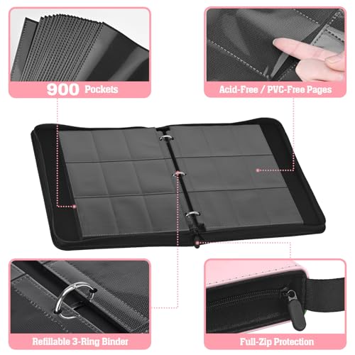 Trading Card Binder for TCG, 900 Pockets, 9-Pocket Top-Loading Pages, 3-Ring Zippered Album, Acid-Free PVC-Free, Fits Standard 2.5" x 3.5", PU Cover with Wrist Strap, Cute Cat Design - color: Cute Cat Garden