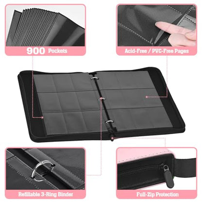 Trading Card Binder for TCG, 900 Pockets, 9-Pocket Top-Loading Pages, 3-Ring Zippered Album, Acid-Free PVC-Free, Fits Standard 2.5" x 3.5", PU Cover with Wrist Strap, Cute Cat Design - color: Cute Cat Garden