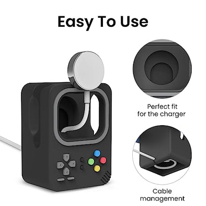 Delidigi Silicone Charger Stand Dock for Apple Watch All Series | Ultra3/Ultra2/Ultra/11/10/9/8/7/6/5/4/3/SE3/SE2/SE1, Retro Game Console Design, Cable Management, Support Nightstand Mode - color: Black