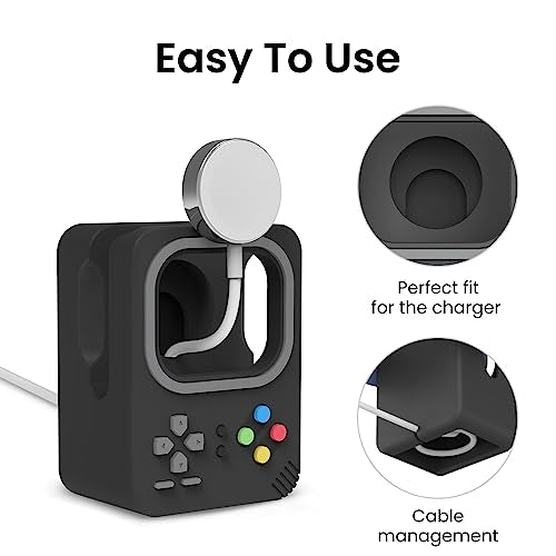 Delidigi Silicone Charger Stand Dock for Apple Watch All Series | Ultra3/Ultra2/Ultra/11/10/9/8/7/6/5/4/3/SE3/SE2/SE1, Retro Game Console Design, Cable Management, Support Nightstand Mode - color: Black