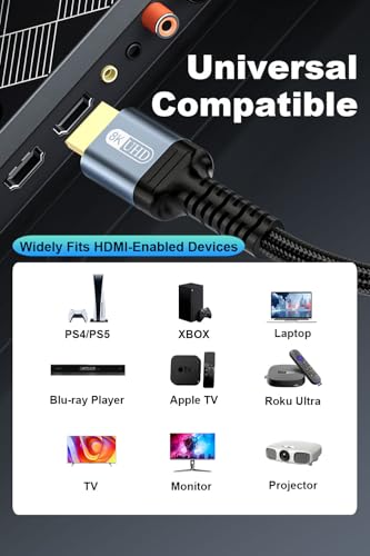 8K HDMI 2.1 Cable 3.3ft, [4K@120Hz, 8K@60Hz, 2K@240Hz] Ultra High Speed HDMI Cable 48Gbps (Upgrade Braided),HDR, eARC, HDCP 2.3, Compatible for Xbox/PS5/PS4 - size: 3.3ft (Copper-Bidirectional)