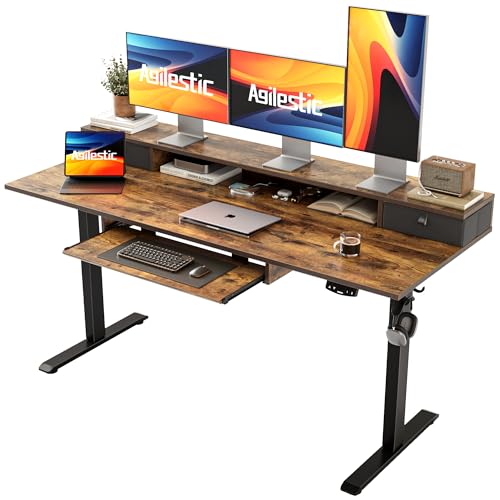 Agilestic Electric Standing Desk with 2 Drawers and Keyboard Tray, 63 x 24 Inches Ergonomic Adjustable Height Desk with Storage, Sit Stand up Computer Workstation, Rustic Brown - color: Rustic Brown, size: 63 x 24 Inches with 2 drawers and keyboard tray