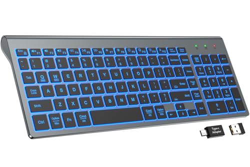 SABLUTE Wireless Keyboard with 7 Colored Backlits, Rechargeable Silent Compact Cordless Computer Keyboard with Low Profile Quiet Light Up Keys for Windows, PC, Linux, Chrome, Mac (Grey) - color: Grey