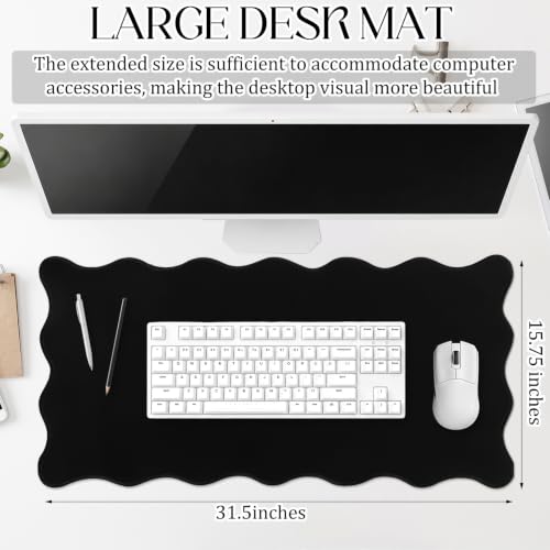 Hahafelt Scalloped Desk Mat Large Desk Pad Cute Coquette Table Mat Back to School Preppy Table Make up Pad Nonslip Graduation Gift with Stitching Waterproof Gaming(Black,31.5 x 15.8 Inches) - color: Black, size: 31.5 x 15.8 Inches