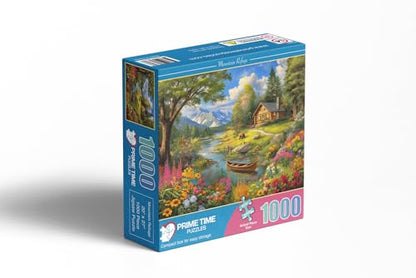 1000 Piece Jigsaw Puzzle for Adults - Log Cabin by a Mountain Lake - Challenging Puzzle - Adult 1000 Piece Puzzle - Wildlife Floral Landscape Scene with Canoe. 20x27 inches - color: Mountain Refuge