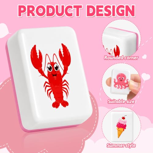 2 Player Mahjong Block Set, 66 Pink Tiles, 1.18 Inch Ocean and Food Theme Travel Mahjong Set with Storage Bag for Beach Trips, Summer Parties and Family Game Night Gifts