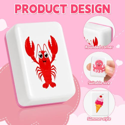 2 Player Mahjong Block Set, 66 Pink Tiles, 1.18 Inch Ocean and Food Theme Travel Mahjong Set with Storage Bag for Beach Trips, Summer Parties and Family Game Night Gifts