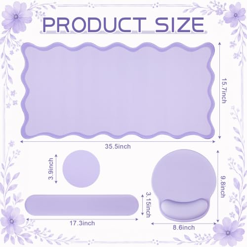 Sabary Scalloped Desk Mat Keyboard Mouse Pad Set Purple Large Cute Aesthetic Preppy Table Mat Keyboard Wrist Rest Mouse Pad with Wrist Rest Coaster Ergonomic Non-Slip Waterproof Gaming Desk - color: Purple, size: 35.5 x 15.7 Inch