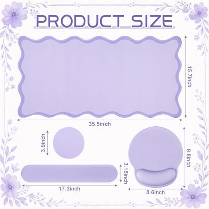 Sabary Scalloped Desk Mat Keyboard Mouse Pad Set Purple Large Cute Aesthetic Preppy Table Mat Keyboard Wrist Rest Mouse Pad with Wrist Rest Coaster Ergonomic Non-Slip Waterproof Gaming Desk - color: Purple, size: 35.5 x 15.7 Inch