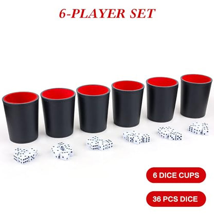Felt-Lined PU Leather Dice Cup Set, 6 Quiet Dice Shaker Cups with 36 Dices for Bar Party Yahtzee Farkle Dice Games, Red and Black - color: Red#dice Cup Set