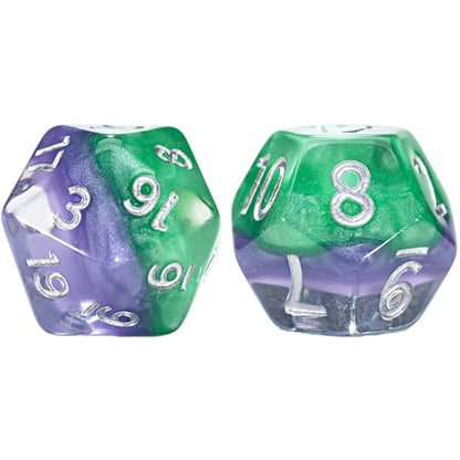 and Dice: Eclipse Dice: Joker - 7pc RPG Set, Purple & Green Swirled in Clear Resin, Batman Villian, Dice for Role Playing Games