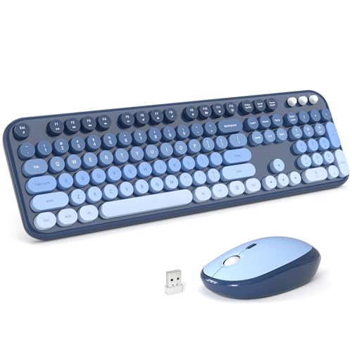 Wireless Keyboard Mouse Combo - Lovely SkyBlue-Gradient Rainbow Full-Sized Typewriter Colorful Keyboards, Round Keycap Plug Play Retro Cute Keyboards for Windows, Laptop, PC, Desktop, Computer - color: Lovely Skyblue-Gradient