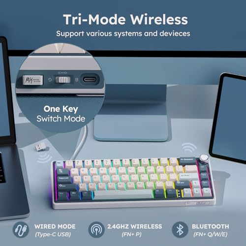 RK ROYAL KLUDGE R65 Wireless Mechanical Keyboard with Volume Knob, Tri-Mode 2.4G/USB-C/BT Gasket Mounted 60% Gaming Keyboard with 66Keys, PBT Keycaps, QMK/VIA, Hot Swappable Cream Switch, Blue - color: Blue