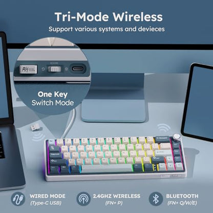 RK ROYAL KLUDGE R65 Wireless Mechanical Keyboard with Volume Knob, Tri-Mode 2.4G/USB-C/BT Gasket Mounted 60% Gaming Keyboard with 66Keys, PBT Keycaps, QMK/VIA, Hot Swappable Cream Switch, Blue - color: Blue