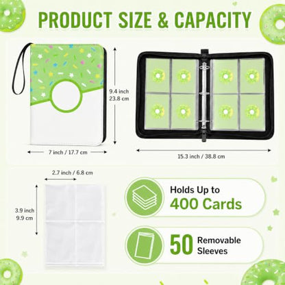 4 Pocket Card Binder 400 Card Holder Album, Green Donut Trading Cards Holder Zipper Binder for Girl Teen Collection (Green Donut, 400 Pocket) - color: Green Donut, size: 400 Pocket