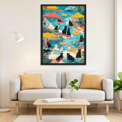 300 Piece Puzzle for Adults, Fun Poolside Cats Jigsaw Puzzle, Vibrant Cats with Beach Umbrellas and Floaties 300 Piece Puzzle, Perfect for Family Time, Wall Decor, Gift for Adults, Seniors - style: Pool Party Cats