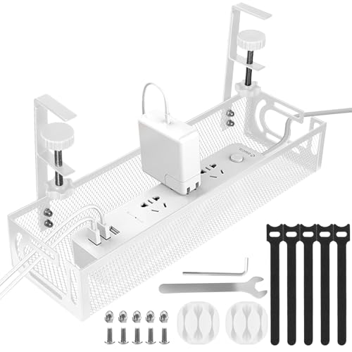 Cable Management Under Desk, Under Desk Cable Management Tray | No Drill Cable Tray, Metal Mesh Cord Organizer, cable organizer with Clamp for Standing Desk, Desk Organizer for Home Office - color: White, size: 15.3'' (1 Pack)