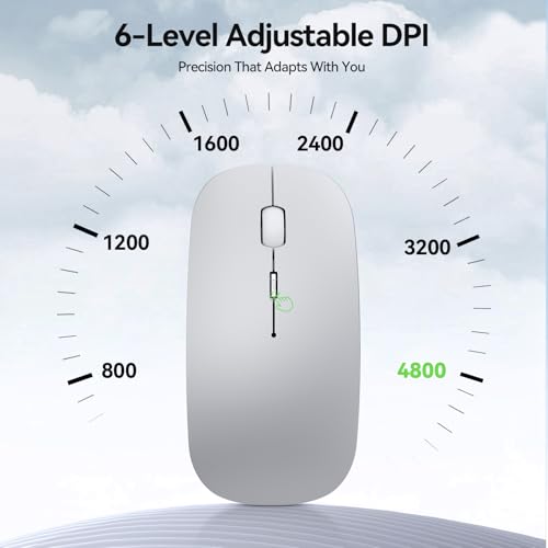 TECKNET Wireless Mouse, 4800 DPI Rechargeable Bluetooth Mouse for Laptop | Bluetooth 5.2/3.0 & 2.4G, Ultra-Thin, 6-Level Adjustable 4800 DPI Computer Mouse for Mac OS, iPad, Windows, Android - color: silver