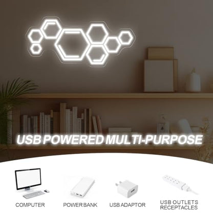 Hexagon Neon Sign, Cool White Geometric LED Light for Gaming Room | Varied hexagons form a connected pattern with a clean futuristic glow - color: Honeycomb