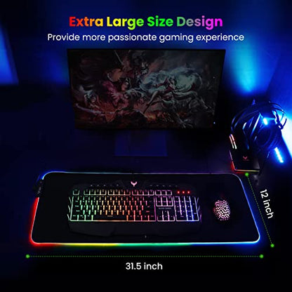 BladeHawks RGB Gaming Mouse Pad Extra Large Extended 31.5x12 Inch-Black | LED mouse pad with 14 lighting modes, covers keyboard & mouse, anti-slip rubber base, waterproof surface, USB powered - color: Black