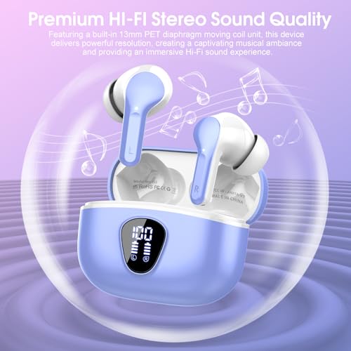 Wireless Earbuds, Bluetooth 5.4 Headphones HiFi Stereo, Bluetooth Earbuds with ENC Noise Cancelling Mic, IP7 Waterproof in Ear Earphones, 48H, LED Display Ear buds for Pad Workout Sports, White Purple - color: White Purple