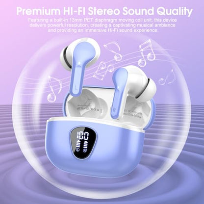 Wireless Earbuds, Bluetooth 5.4 Headphones HiFi Stereo, Bluetooth Earbuds with ENC Noise Cancelling Mic, IP7 Waterproof in Ear Earphones, 48H, LED Display Ear buds for Pad Workout Sports, White Purple - color: White Purple