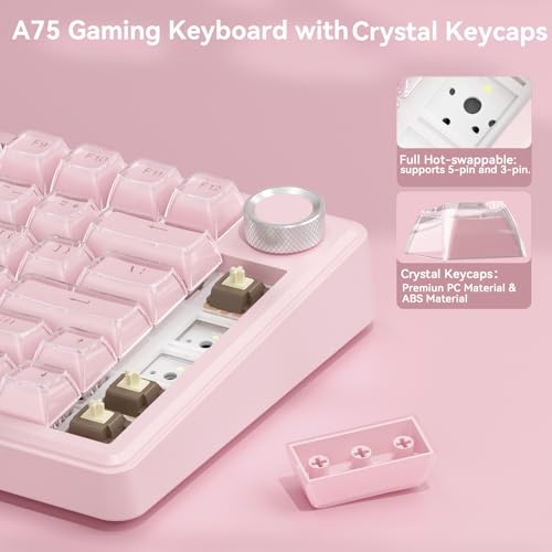SOLAKAKA A75 Wireless Gaming Keyboard with Multifunction Knob, BT5.0/2.4GHz/USB-C, 75% Mechanical Keyboard, Hot-Swappable, Gasket Creamy Keyboard with RGB Backlit, Crystal Keycaps, for PC/Mac/PC - color: Crystal-Pink