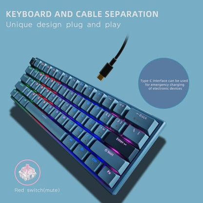 ONE-UP Portable 60% Mechanical Gaming Keyboard, LED Backlit Compact 61 Keys Mini Wired Office Keyboard with Red Switch, for Windows Laptop PC Mac - Black/Grey（Pale Blue）【Red Swich】 - color: Pale Blue