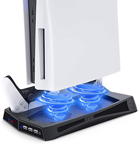 Vertical Stand Charging Station with Cooling Fan for Play Station 5 | Dual Controller Charging Station Horizontal Organizer with 3 USB Hub for Dual Sense 5& PS 5 Digital Edition