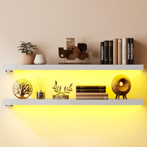 BAMEOS Floating Shelves with LED Lights, 31" White Wall Mounted Wooden Shelves with Invisible Brackets, Set of 2, Hanging Wall Shelves for Bedroom, Bathroom, Living Room and Kitchen Decoration - color: White-cob, size: 31 x 7