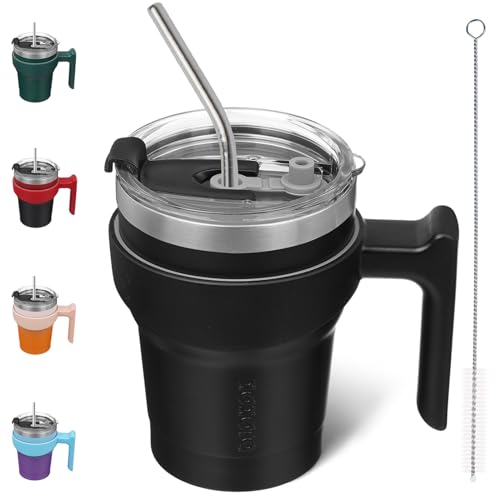 BJPKPK 10 oz Mini Tumbler with Lid, Straw & Handle, Insulated Steel Cup | Small, Spill Proof, Leak Proof, Thermal, Double Wall Vacuum, Sweatproof, Dishwasher Safe, BPA Free, Black - color: Black, size: 10 Ounces