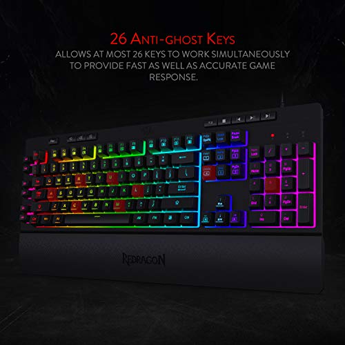 Redragon K512 Shiva RGB Backlit Membrane Gaming Keyboard with Multimedia Keys, Quiet Mechanical Feeling Keyboard, 6 Extra On-Board Macro Keys, Dedicated Media Control, Detachable Wrist Rest - color: Black
