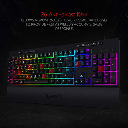 Redragon K512 Shiva RGB Backlit Membrane Gaming Keyboard with Multimedia Keys, Quiet Mechanical Feeling Keyboard, 6 Extra On-Board Macro Keys, Dedicated Media Control, Detachable Wrist Rest - color: Black