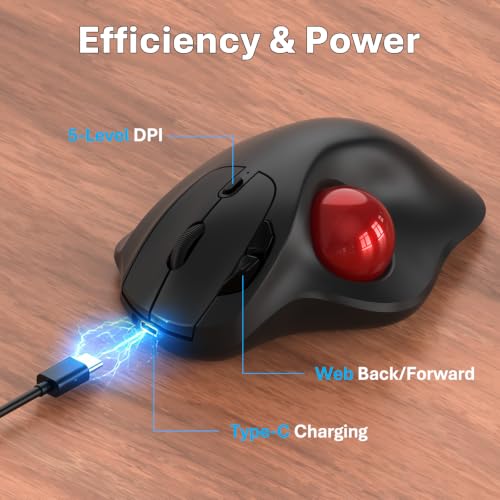 EDJO Ergonomic Wireless Trackball Mouse, 3-Device Bluetooth/2.4G, Red | 30° tilt, thumb control, 5 DPI levels 400-2400, up to 160h battery, Type-C rechargeable, stationary design, removable ball