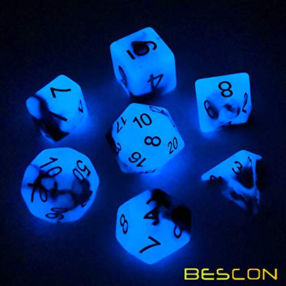 Bescon Two-Tone Glow-in-The-Dark Polyhedral Dice Set Blue Dawn, Luminous RPG Dice Set d4 d6 d8 d10 d12 d20 d% Brick Box Pack - color: Blue Dawn