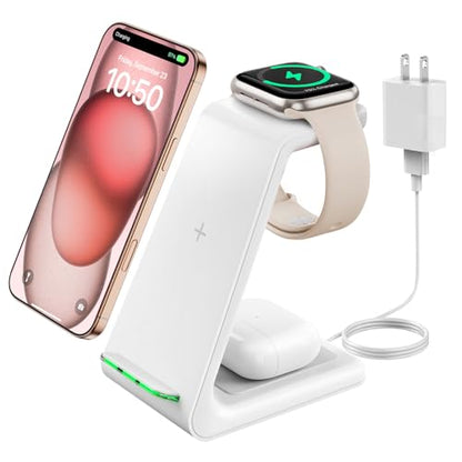 GEEKERA 3 in 1 Wireless Charging Station for Apple, Fast Wireless Charger Stand Dock for iPhone 17 16 15 14 13 12 11 Pro Max Plus XR XS X, Apple Watch Ultra/11/10/9/SE/8/7/6/5/4/3/2, AirPods Pro/4/3/2 - color: White