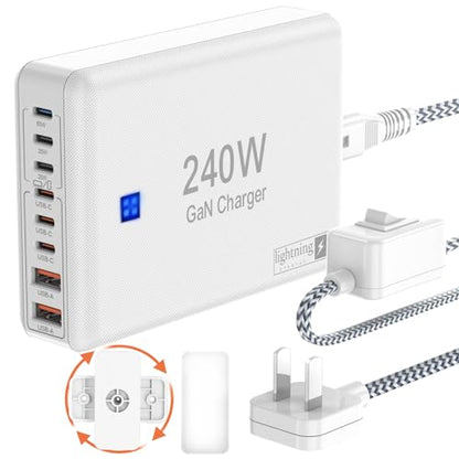 USB C Charger Block 240W, 8-Port Charging Station for iPhone/Ipad/MacBook, 6C2A PD GaN Charger Box, USB Tower Hub with Flat Plug, Travel Essentials - color: Flat Charger 240W White