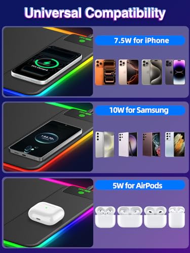 XL RGB LED Gaming Mouse Pad with 15W Magnetic Wireless Charging | 31.5'' x 11.8'' Large Desk Mat, 24 Lighting Effects Keyboard Pad with Non-Slip Rubber Base, Waterproof Easy Gliding Surface - color: RGB-Magnetic Right Charger-31.5"x11.8"